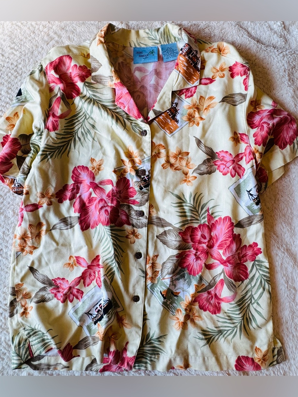 Jane Ashley Yellow Short-Sleeve Button Down with Pink Floral Print